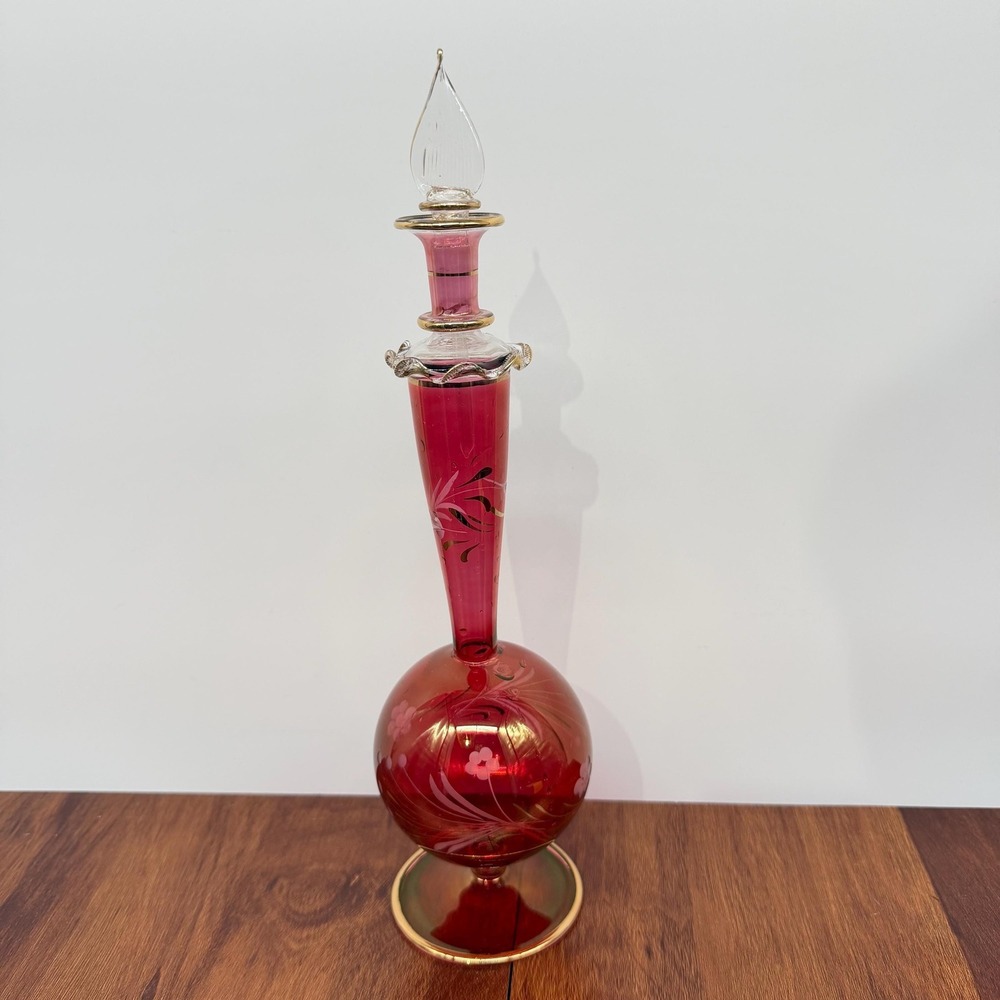 Hand Blown Egyptian Art Glass Perfume Bottle Cranberry Red Gold 12 Inch VTG 90s - Picture 2 of 13